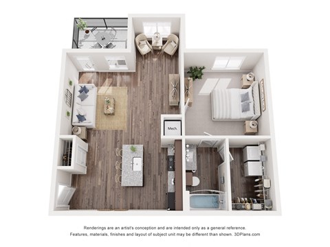 Floor plan for 1 bed, 1 bath, 719 sqft